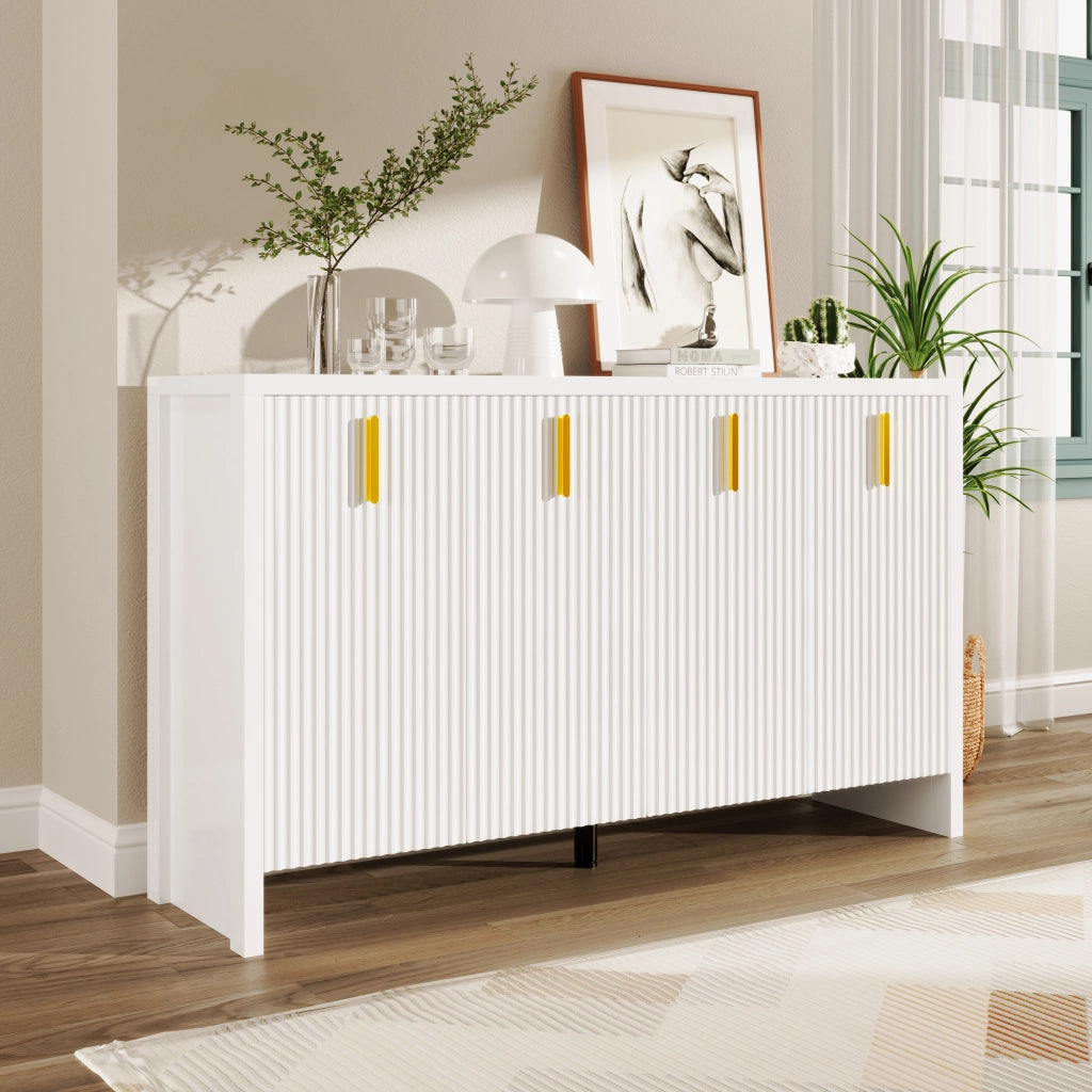 Madia con 4 Ante e Ripiani Regolabili; Maniglie Dorate; Stile Moderno; in Pannelli Truciolari; 140??38??80 cm; Bianco