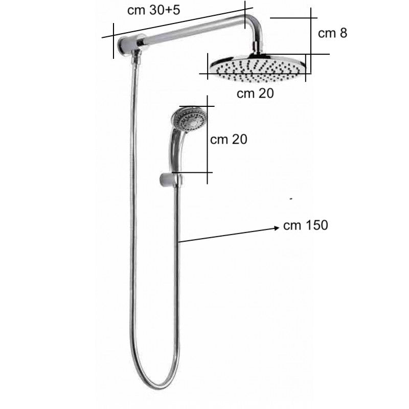 Kit doccia deviatore con doccetta, soffione 20 cm e braccio 30 cm
