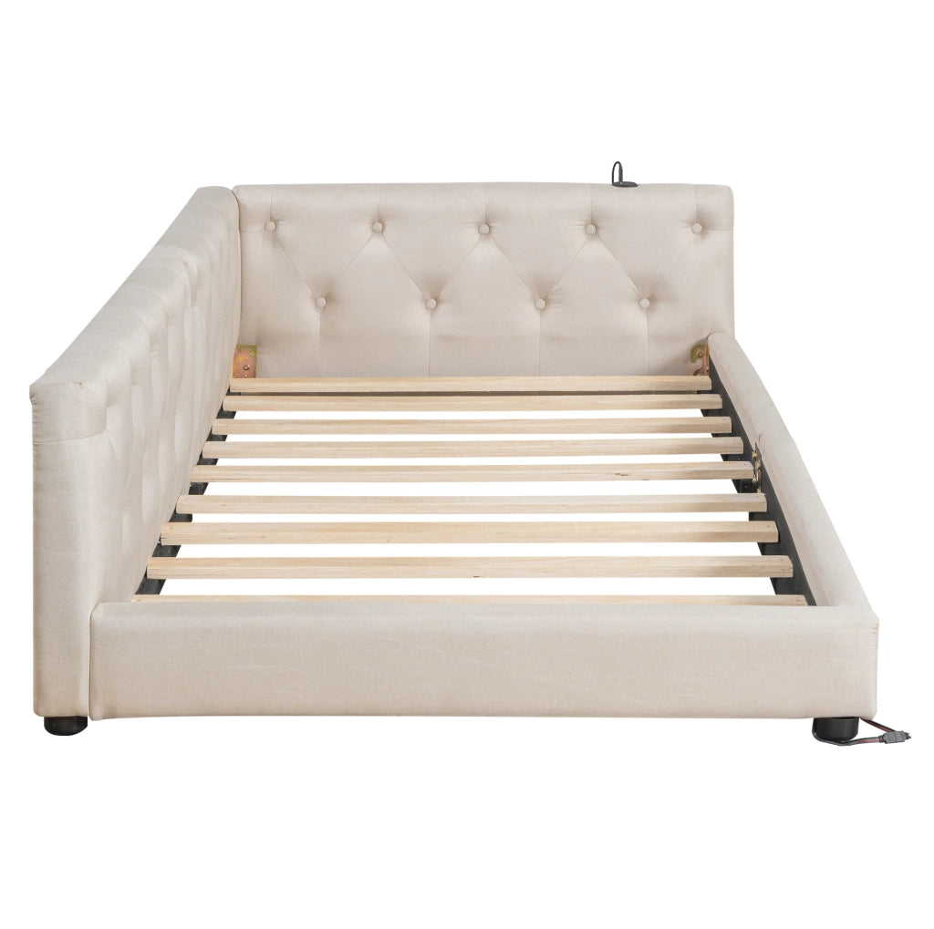 Letto daybed 90x200 cm con luci LED e USB Type-C in lino beige