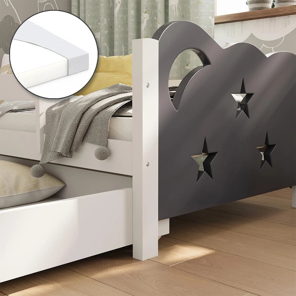 letto per bambini Jessica, Grigio, 70x140 cm con cassetto e materasso, estendibile come letto per ragazzi, combinabile con la serie Jessica