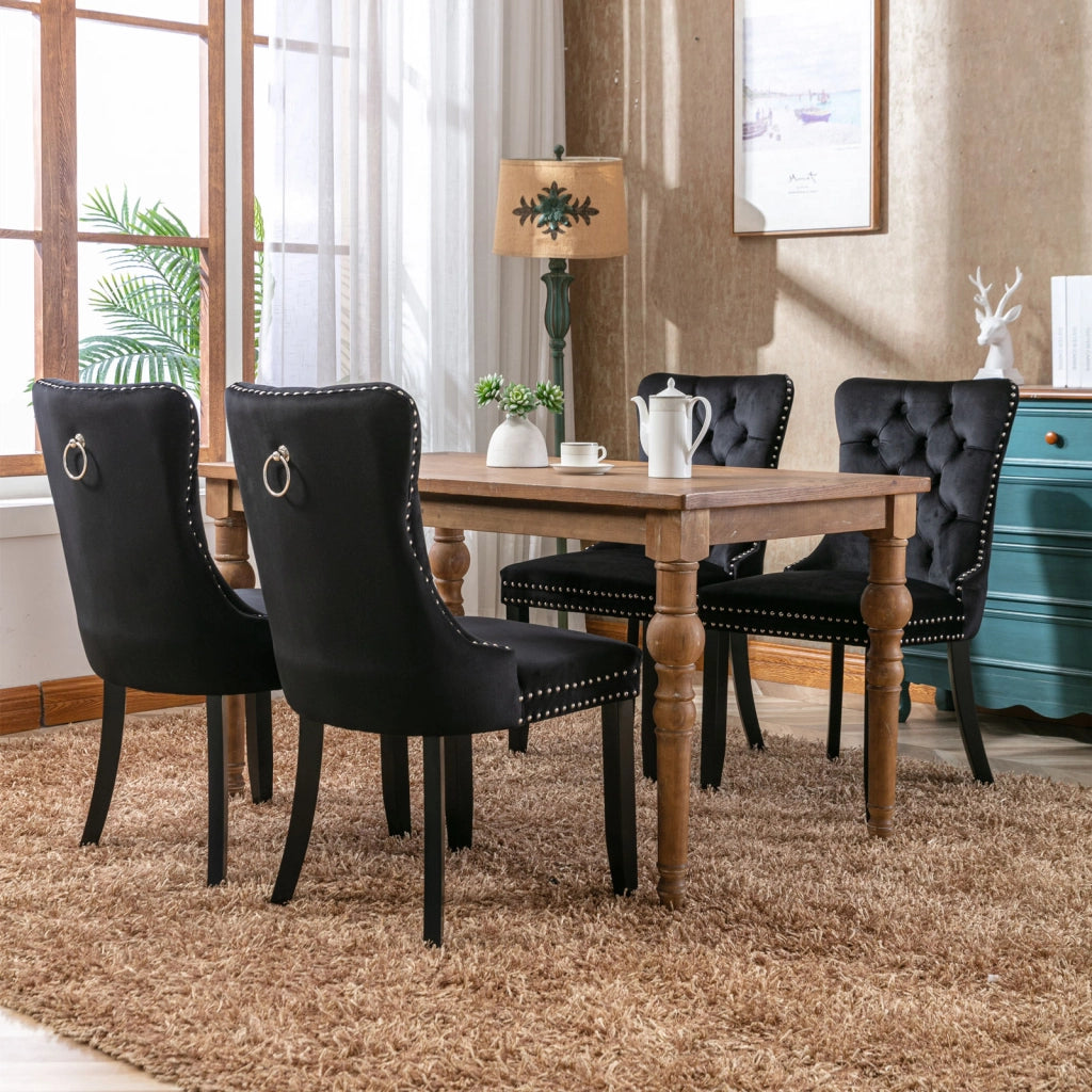 Sedie da Pranzo Imbottite in Velluto con Gambe in Legno Massello ¨C MINIMAL ¨C Set 2 Pezzi, Nero