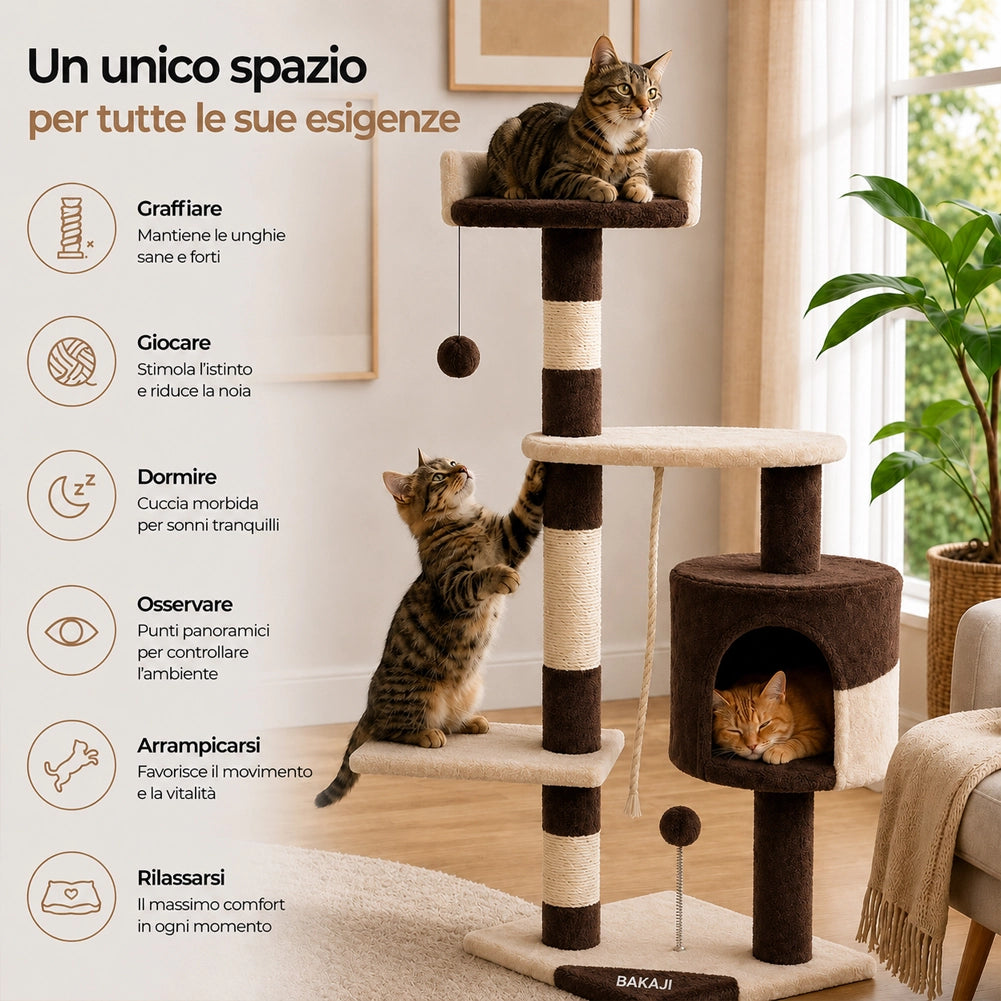 Albero Tiragraffi Gatti Parco Giochi Cuccia Graffiatoio gatto 112cm Marrone Crem
