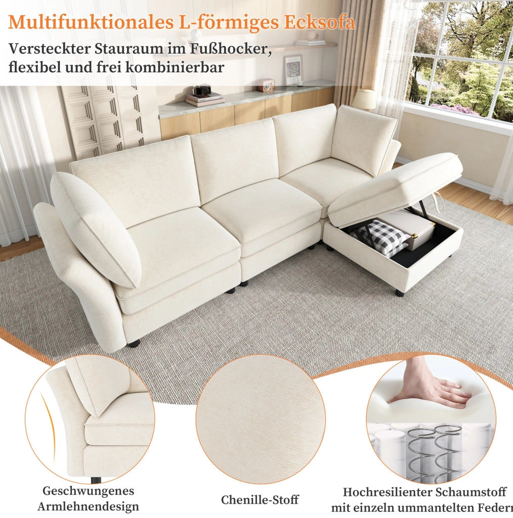 Divano angolare modulare 4 posti con pouf contenitore in ciniglia beige