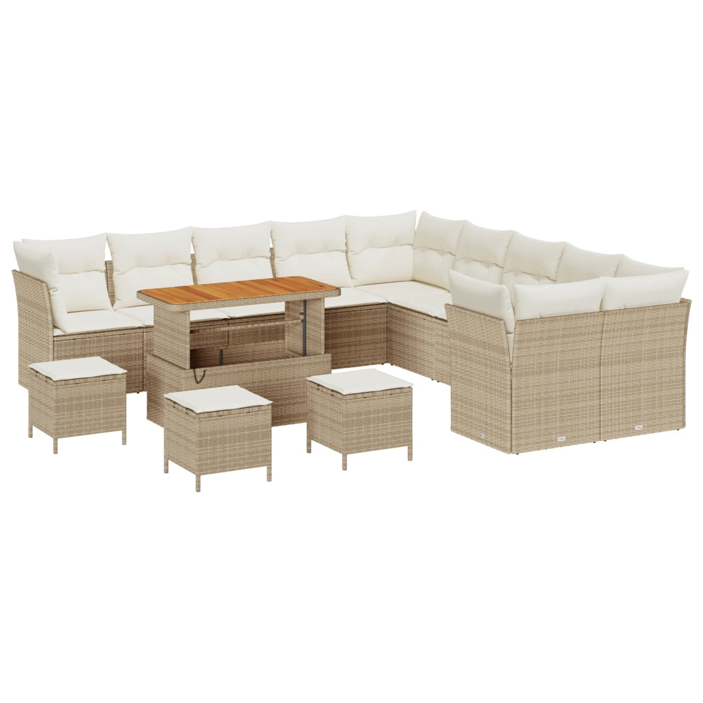 Set Divano da Giardino 14 Pezzi con Cuscini Beige Rattan Acacia