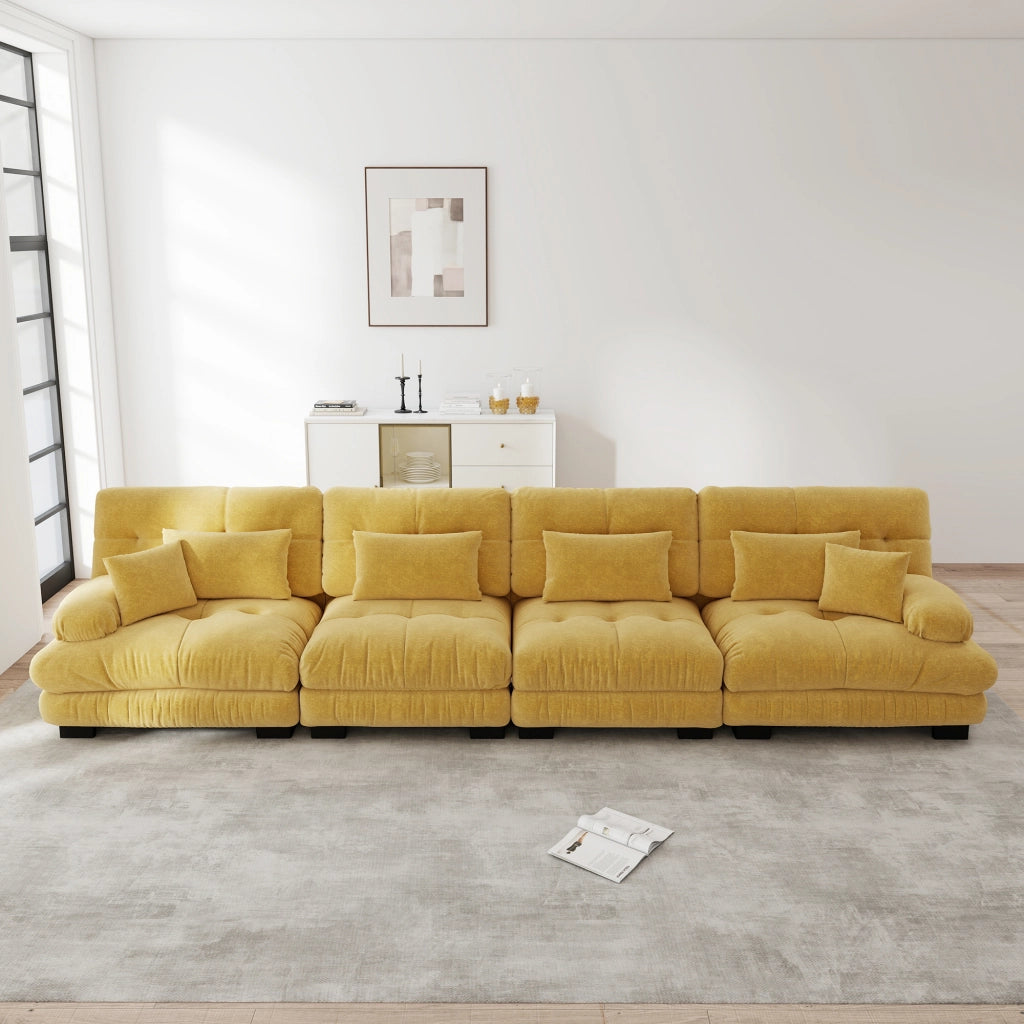 Divano modulare angolare in ciniglia con seduta profonda e cuscini decorativi e lombari giallo 406 × 77 × 81 cm