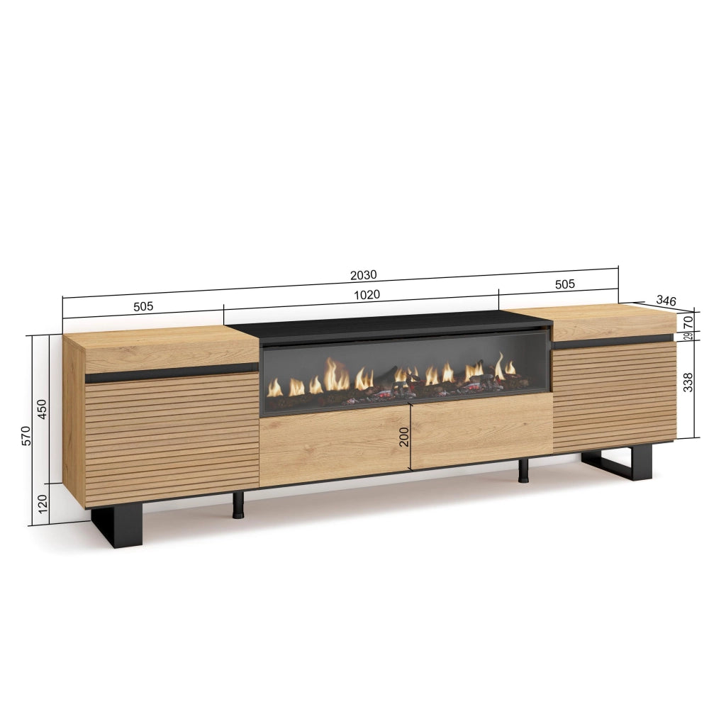 Mobile TV Soggiorno, 200x35x57cm, Per TV fino a 80", Camino elettrico, Design industriale, colore Rovere RF3316
