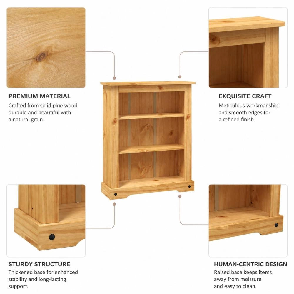 Bookcase With 3 Compartments, Mexican Style, Pine Wood, 80x29x100 Cm