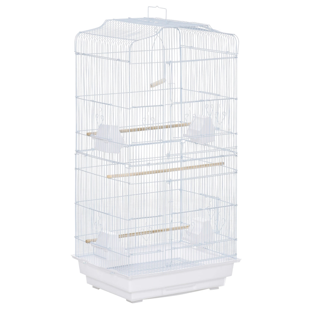 EasyComfort Gabbia per Uccelli Portatile con Maniglia, Vassoio Estraibile e Porte, Voliera per Pappagallini con Posatoi in Legno, Altalena e Ciotole per Cibo, 46.5x35.5x92cm, Bianco