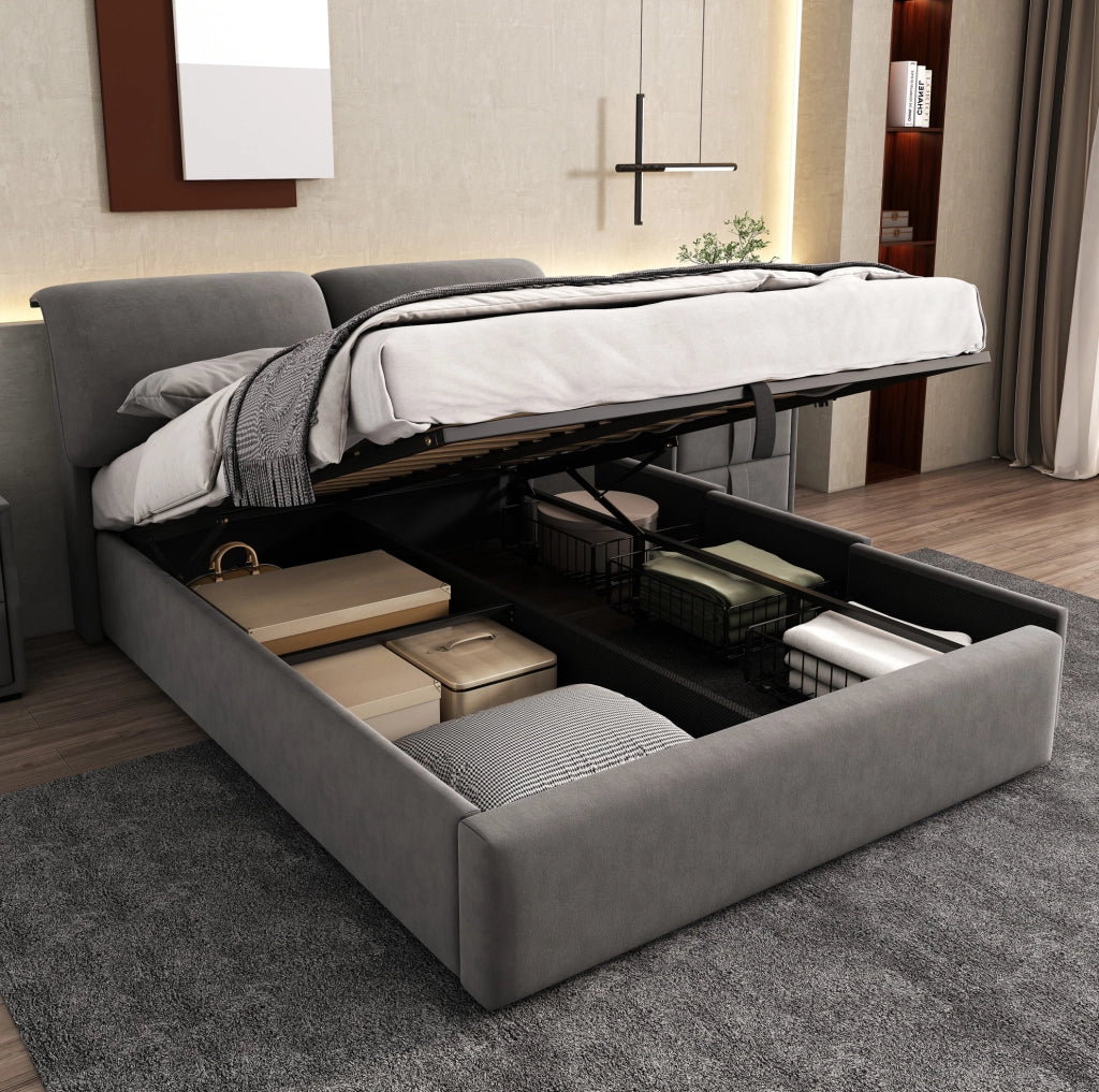Letto imbottito in velluto grigio 140x190 cm con contenitore; 3 cassetti e testiera regolabile
