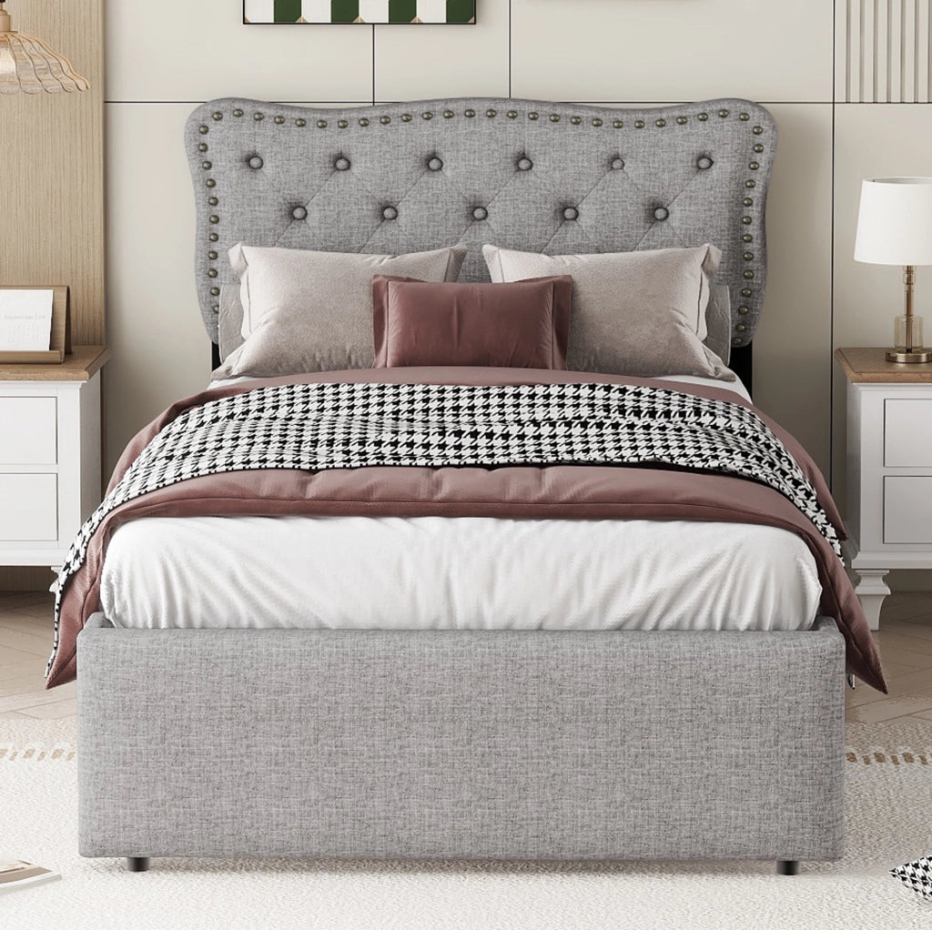 LETTO imbottito 90x200 cm con 2 cassetti in MDF e lino grigio