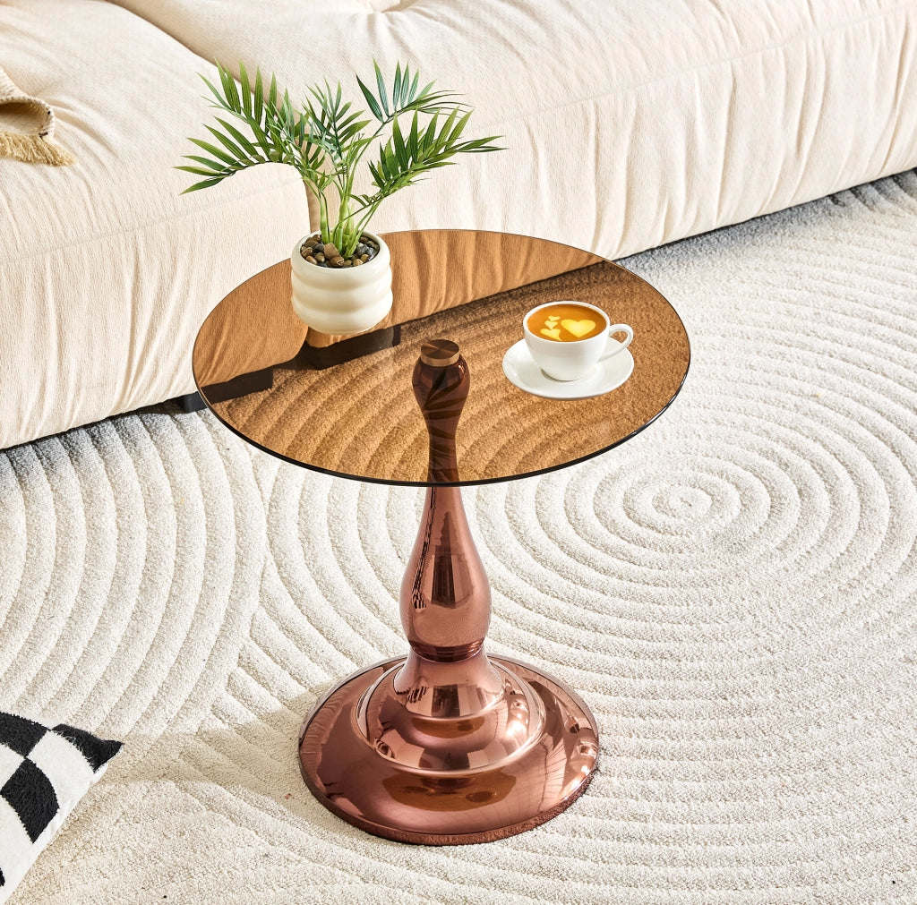 Tavolino rotondo in vetro 50x51.5 cm con base stabile in metallo marrone