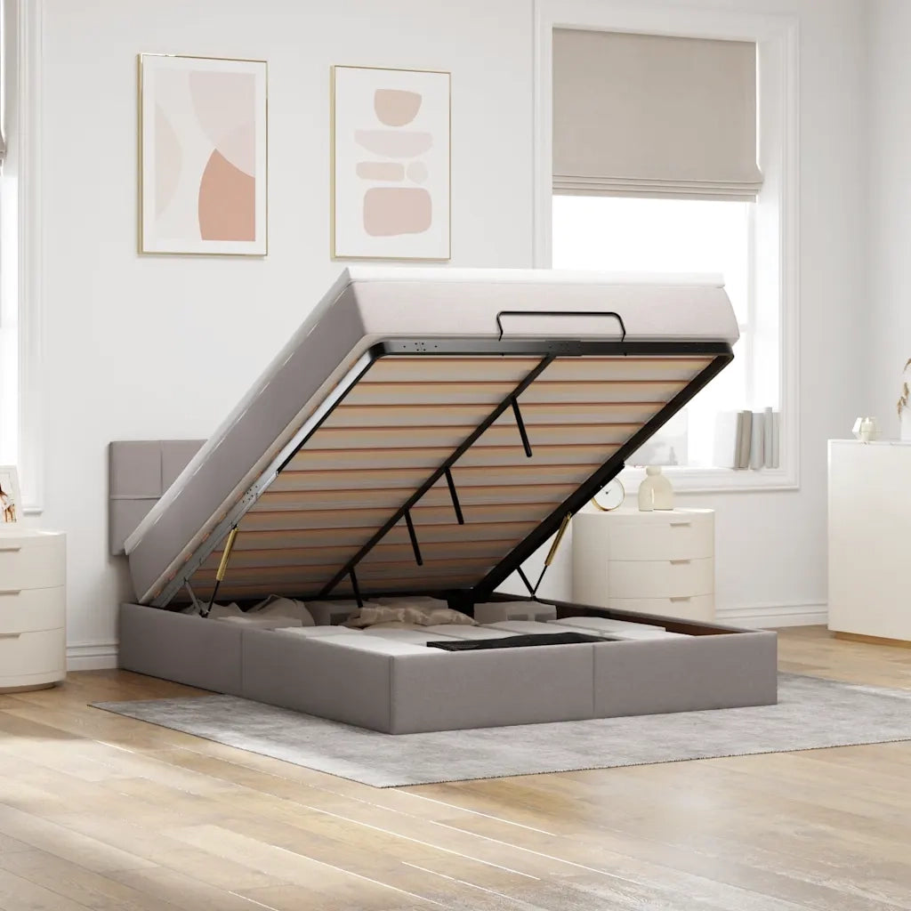 Pouf Letto con Materasso e LED Tortora 140x200 cm in Tessuto