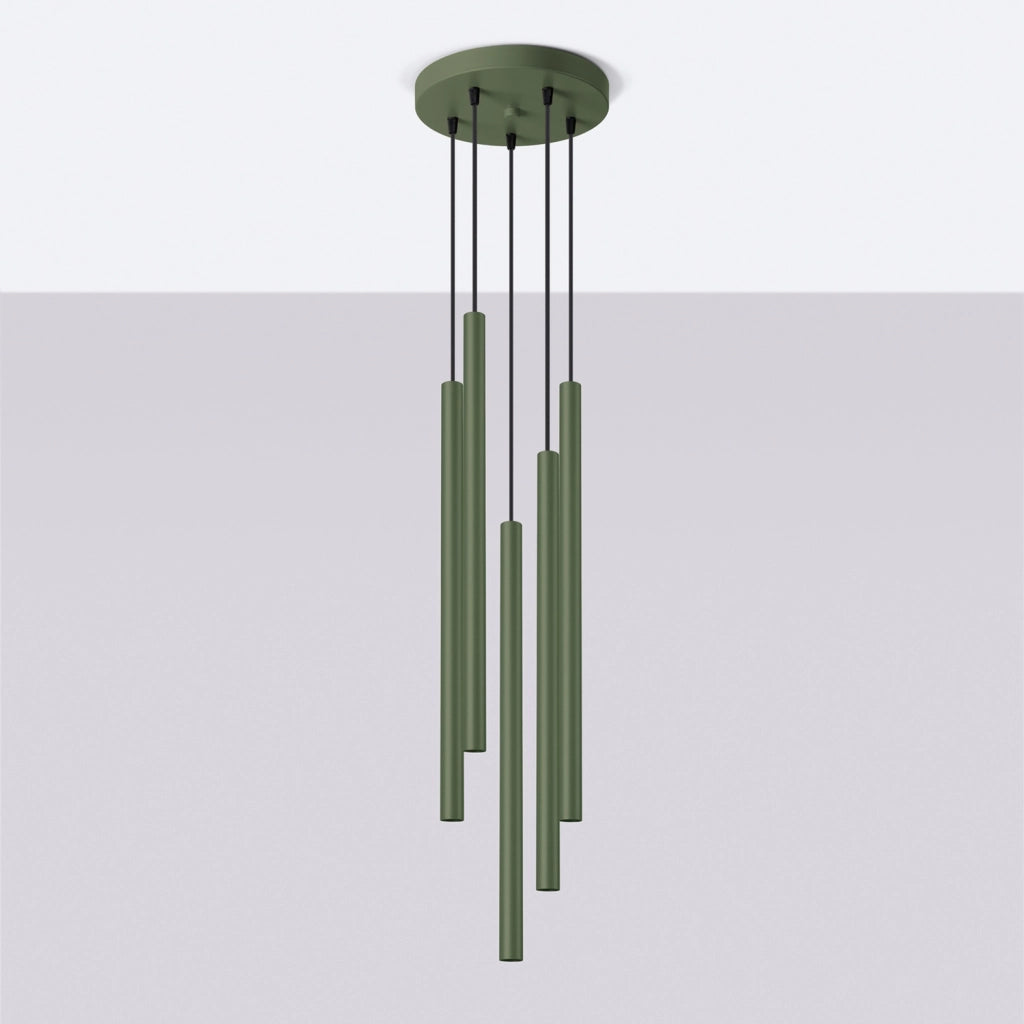 Lampada a sospensione moderna in acciaio a 5 lampadine color verde oliva Pastelo