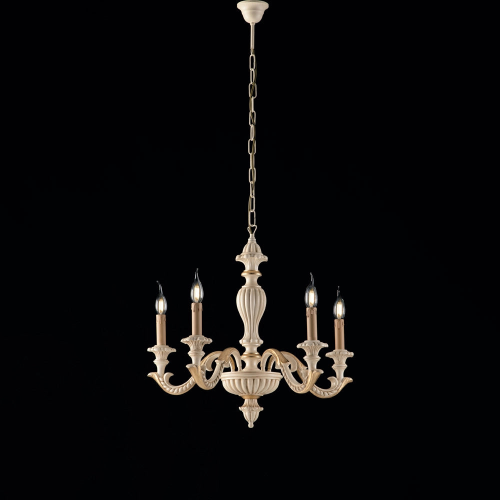Lampadario in legno avorio e foglia oro 5 luci Leonardo