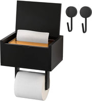 Toilette con supporto per carta igienica in bambù senza perforazione, con contenitore per tessuto umido e 2 ganci, supporto per carta igienica per bagno, autoadesivo o perforante, nero
