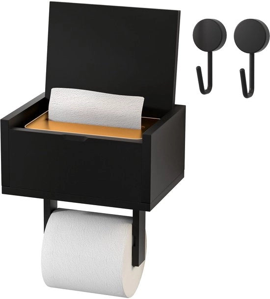 Toilette con supporto per carta igienica in bambù senza perforazione, con contenitore per tessuto umido e 2 ganci, supporto per carta igienica per bagno, autoadesivo o perforante, nero