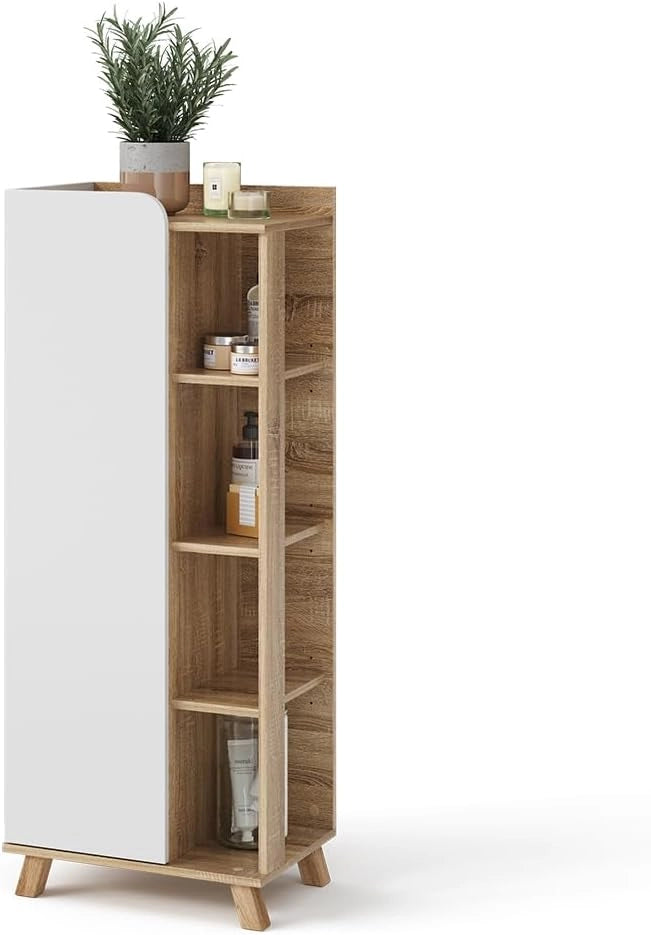 Mobiletto bagno Karen, Sonoma/Bianco, 50 x 128 cm con anta e vani a giorno, per la conservazione di articoli da bagno e asciugamani