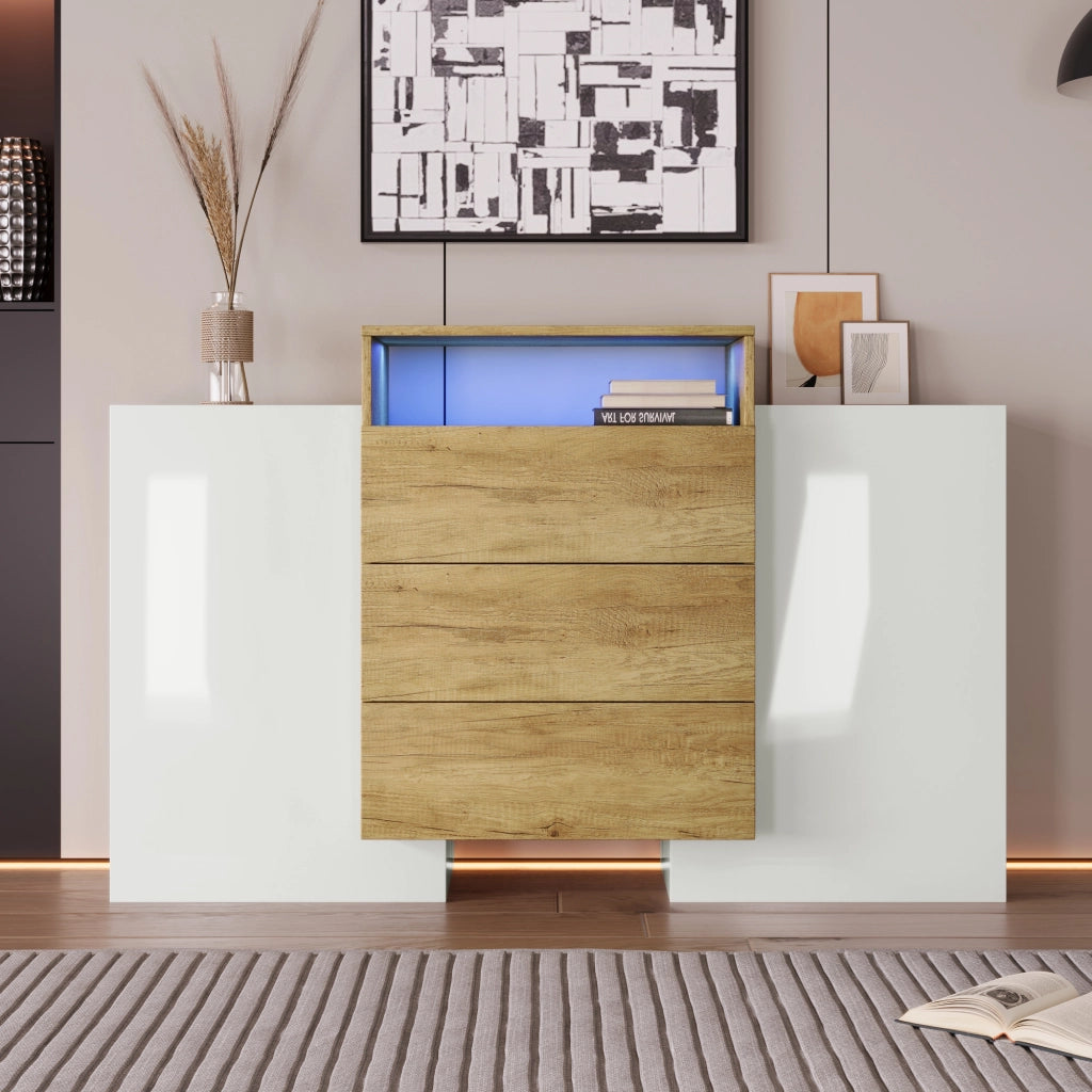 Credenza Moderna con LED ¨C Xylo ¨C Bianco Lucido, Effetto Legno, 140 cm