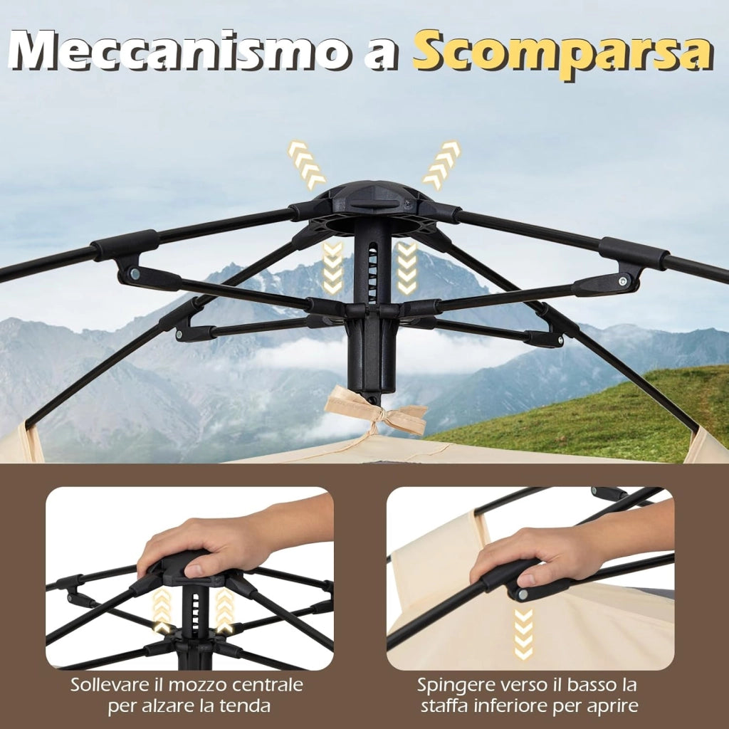 Tenda da Campeggio per 3-4 Persone, Tenda da Spiaggia Protezione Solare con Copertura Antipioggia Rimovibile, 2 Porte, 4 Finestre Traspiranti e Borsa per il Trasporto, Facile Installazione