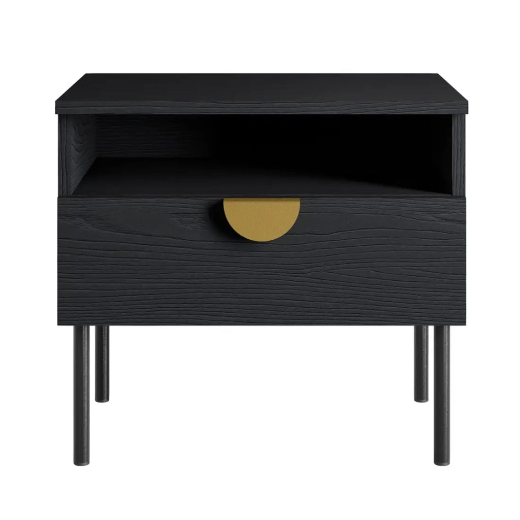 Camera completa MONDO – Nero strutturato e dorato – Letto contenitore 160x200 con doghe + Armadio + Cassettiera + 2 comodini