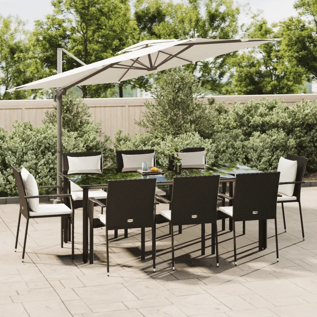 Set da Pranzo da Giardino 9 pz con Cuscini Nero in Polyrattan
