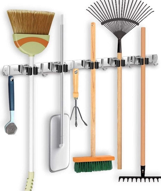 Sostegno per spazzola, supporto per apparecchi in acciaio inossidabile con supporto per parete. Sostegno per spazzola mophouder supporto per attrezzi autoadesivo con 5 supporti e 6 ganci per casa, cucina, garage, bagno, giardino.