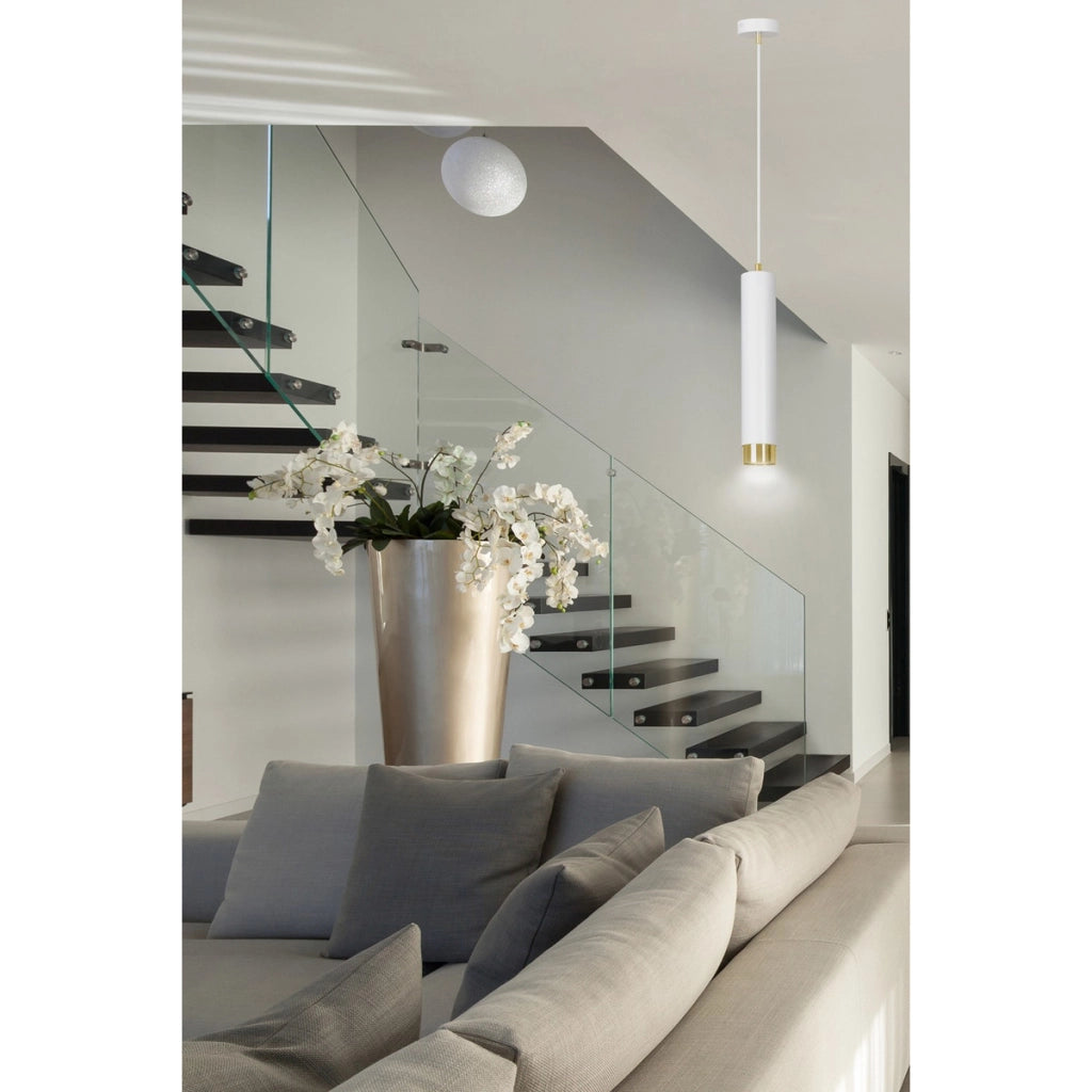 Lampada a sospensione Kibo in acciaio bianco e oro