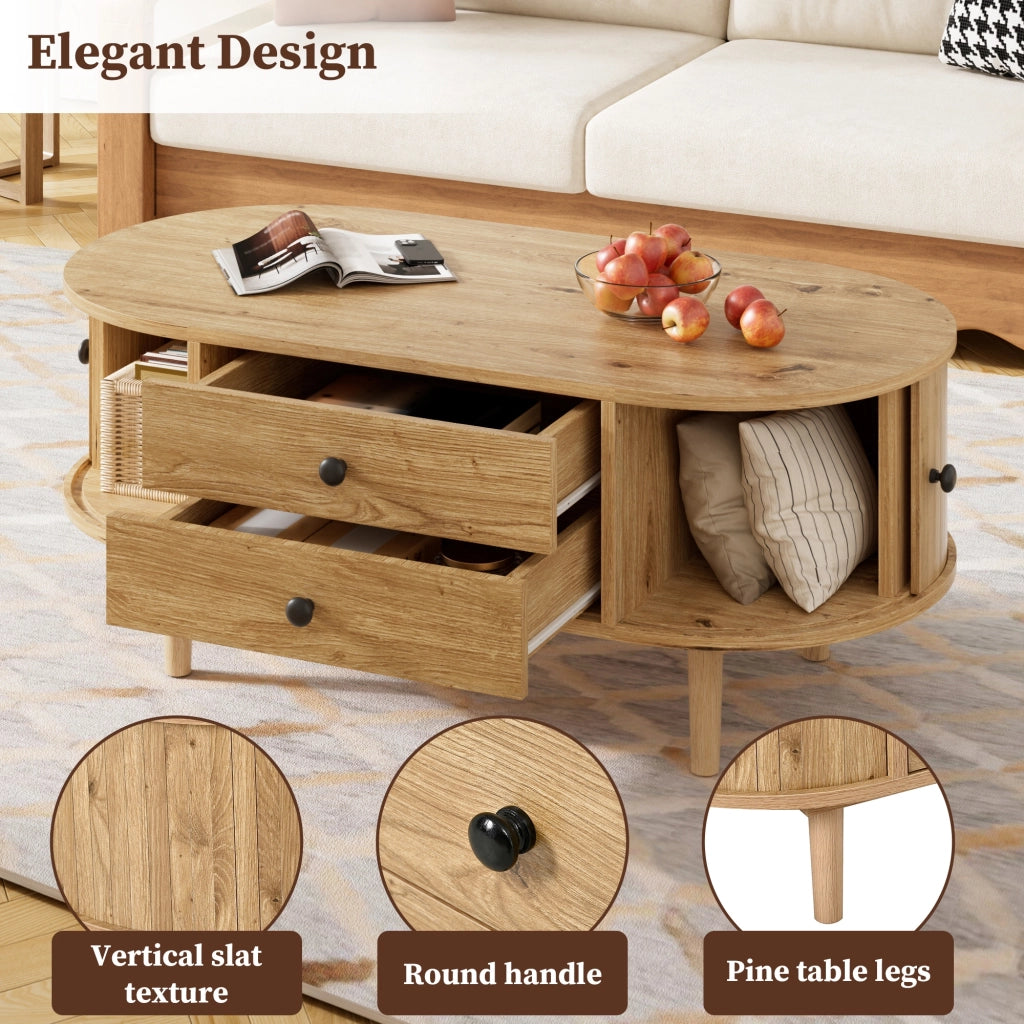 Tavolino ovale, finitura effetto legno, ante scorrevoli, 2 cassetti, in MDF, color legno naturale