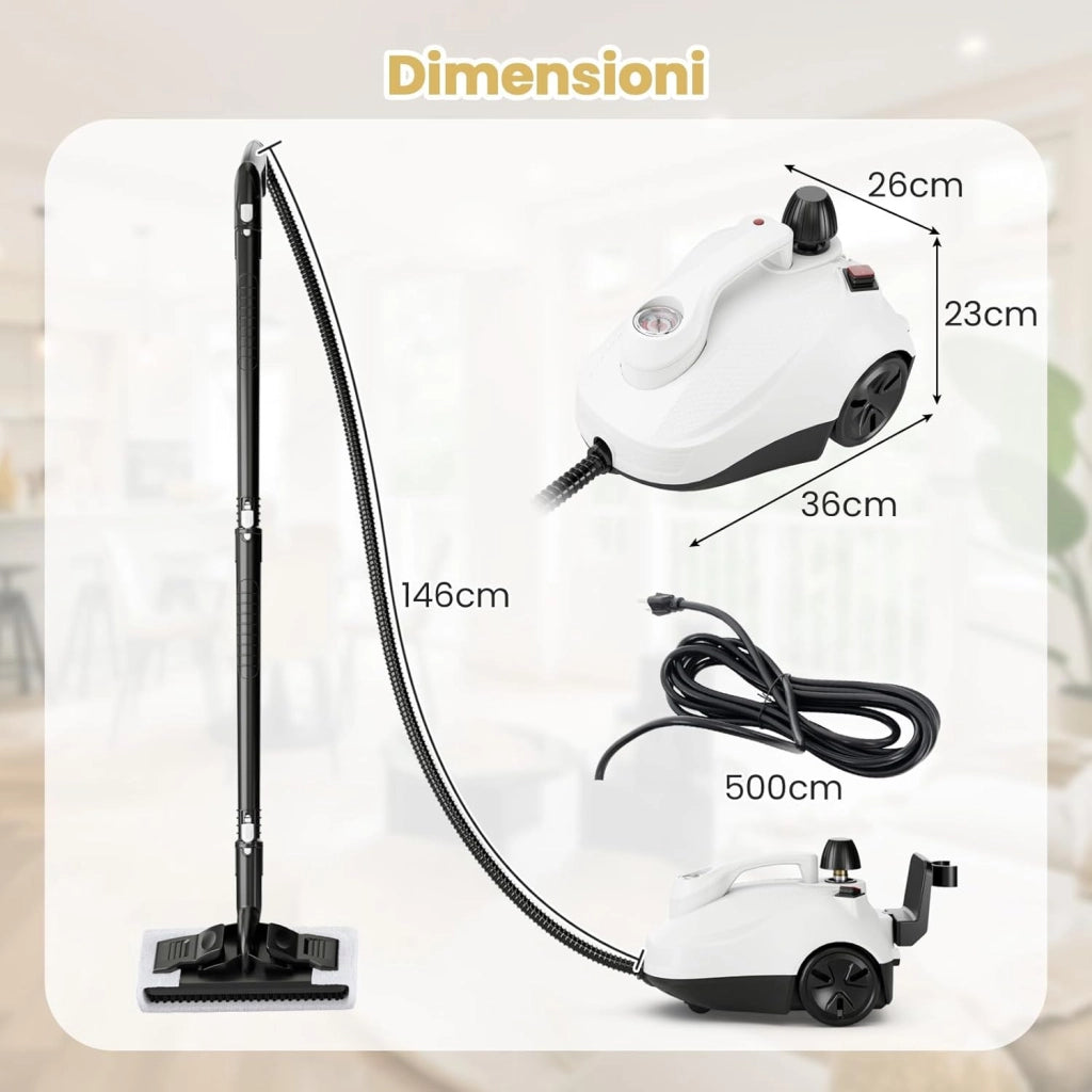 2000W Pulitore a Vapore, Vaporizzatore Portatile con Serbatoio 1,8L, er Uso Domestico con Accessori, Macchina per Pulizia su Pavimenti Finestre Tappeti (Bianco)