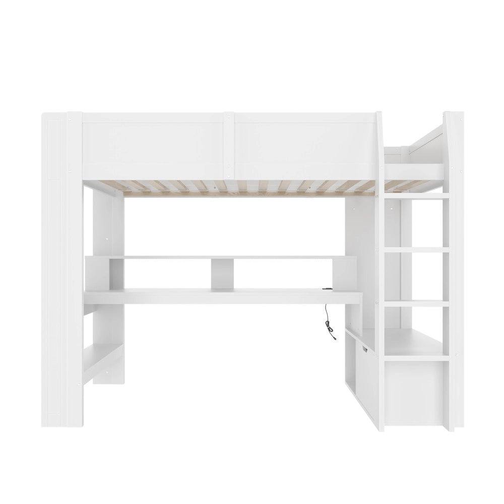 Letto a Soppalco con Scrivania e LED ¨C MINIMAL ¨C Bianco, 90x200, con Cassetto e Ripiani