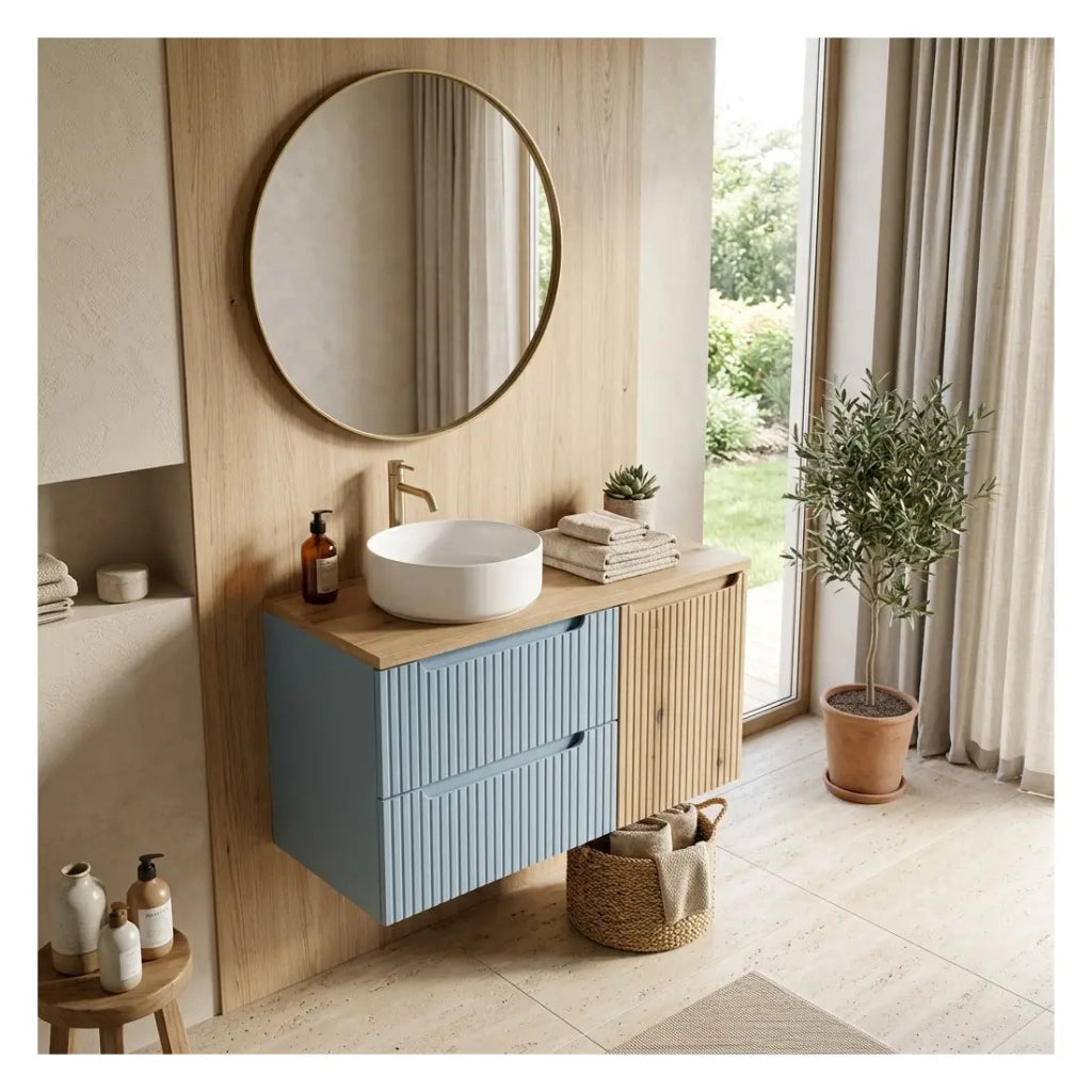 Set VANO denim blu e rovere chiaro 100cm: mobile sotto lavabo con cassetti e cesto della biancheria integrato + piano per lavabo.