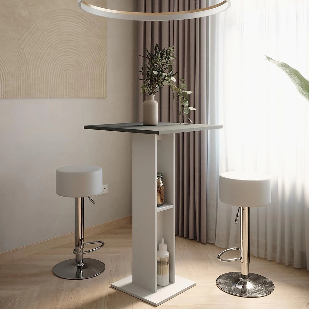 Set di tavoli da bar Repose, Bianco/antracite, 65 x 65 cm con 2 sgabelli da bar, con ripiano laterale per la conservazione di bottiglie e bicchieri