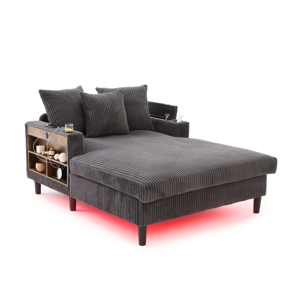 Méridienne con portabicchieri LED tasca laterale e porta USB in velluto a coste grigio scuro 129 × 170 × 70 cm