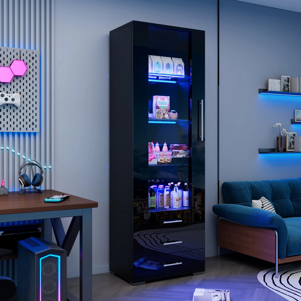 Vetrina 60x35x180 cm con LED e 3 cassetti in MDF nero