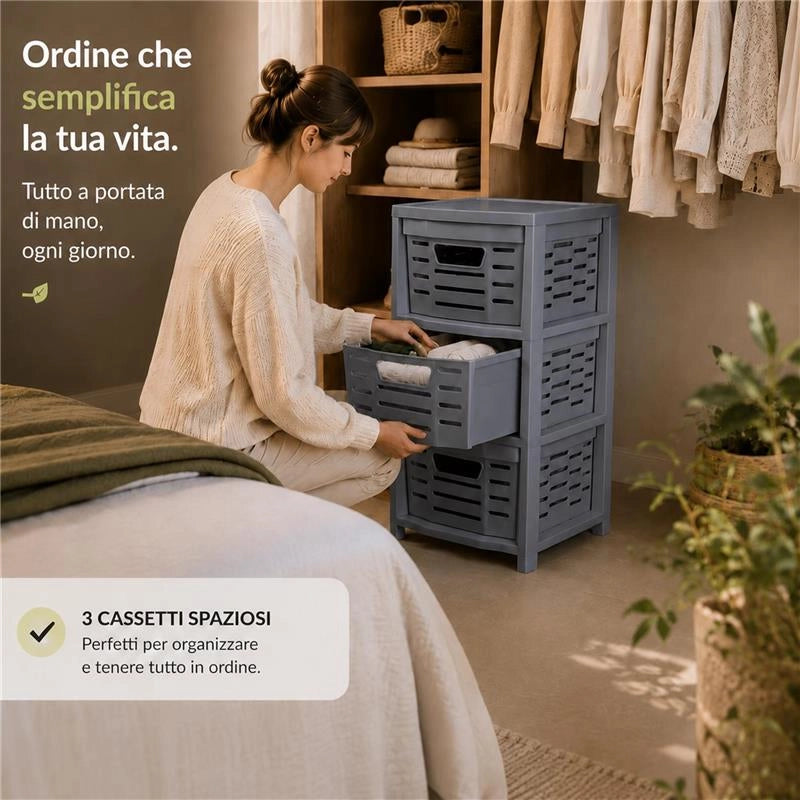 CASSETTIERA  MULTIUSO IN POLIPROLPILENE CON 3 CASSETTI , DOPPIA APERTURA E RUOTE - 365X28,5X51,5  CM COLORE GRIGIO