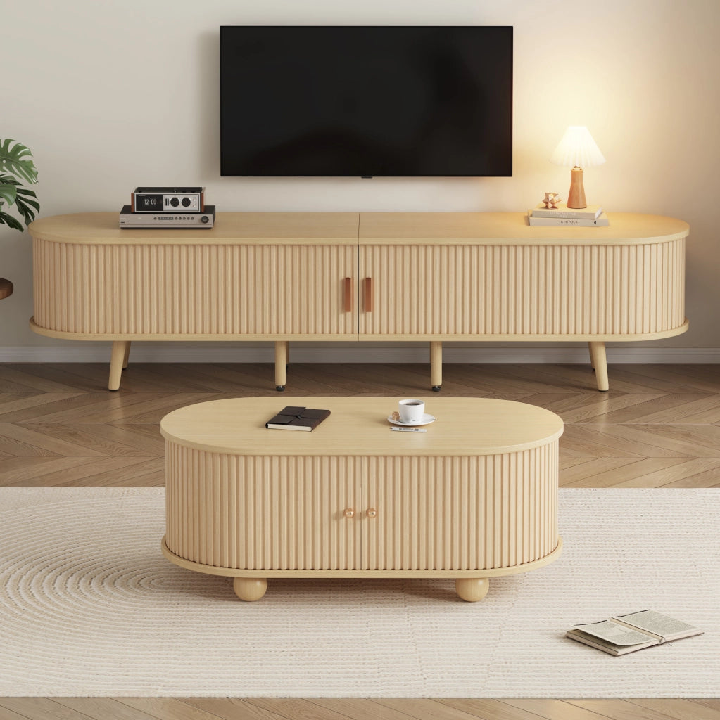 Set mobile TV e tavolino in MDF noce chiaro con contenitore