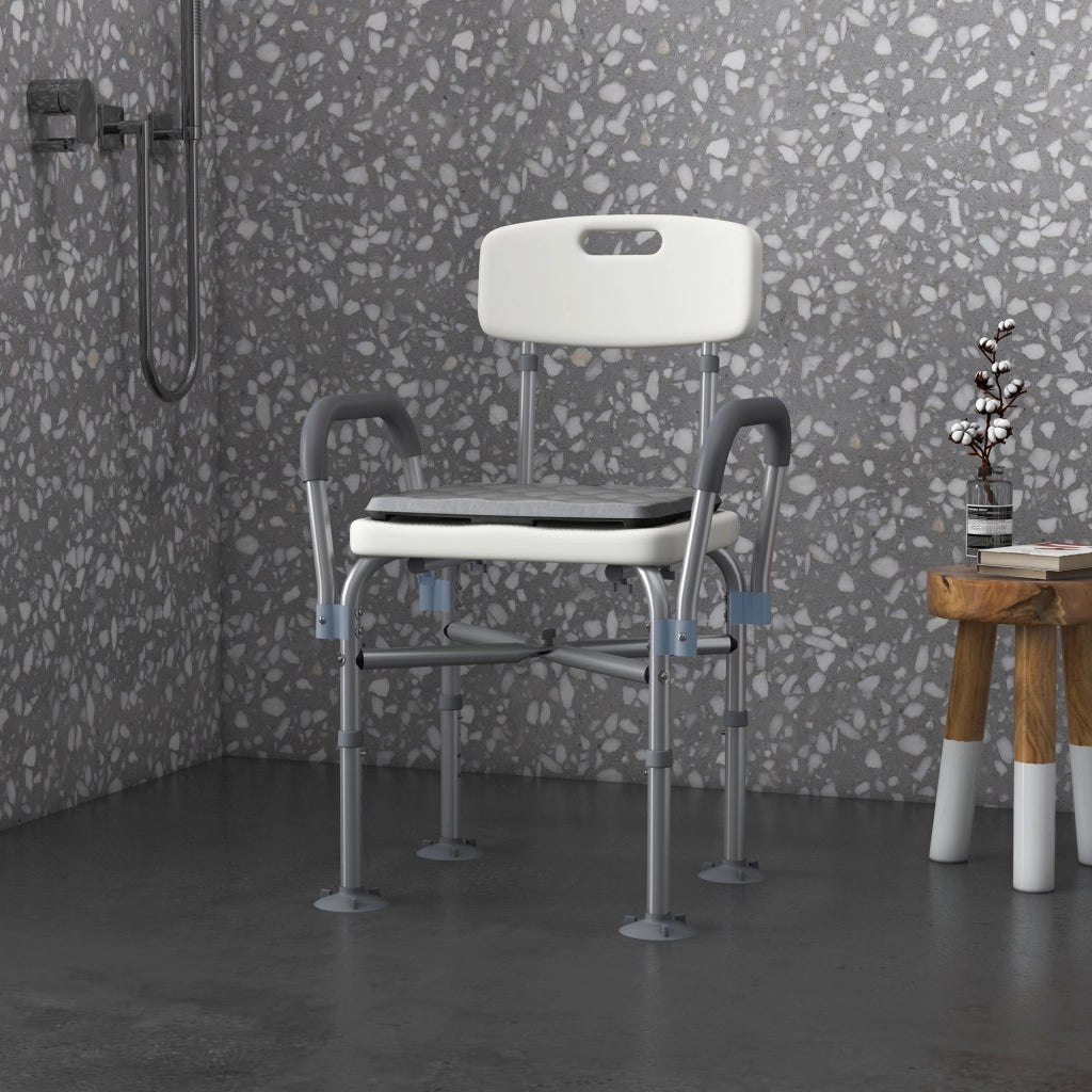 Sedia Doccia ad Altezza Regolabile con Braccioli e Cuscino Rimovibile 53.5x52x80-90 cm, Bianca