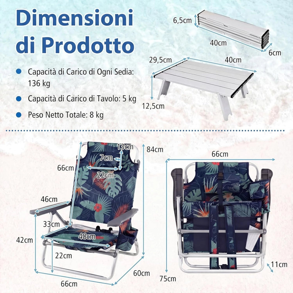 Set di 2 Sedie e Tavolino da Spiaggia Pieghevole, Schienale Regolabile a 5 Livelli, con Portatesta, Borsa Portaoggetti, Borsa Termica, per Campeggio Picnic Esterno (Fogliame, Modello 2)