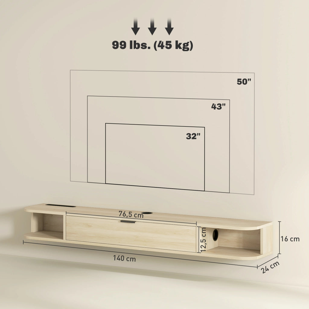 Mobile TV sospeso con cassetto e 2 ripiani ¨C Xylo ¨C Legno naturale 140x24x16 cm
