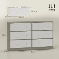 Cassettiera 6 Cassetti Pieghevoli con Maniglie Doppie, in Legno, Acciaio e Tessuto, 114x30x70 cm, Bianco e Grigio