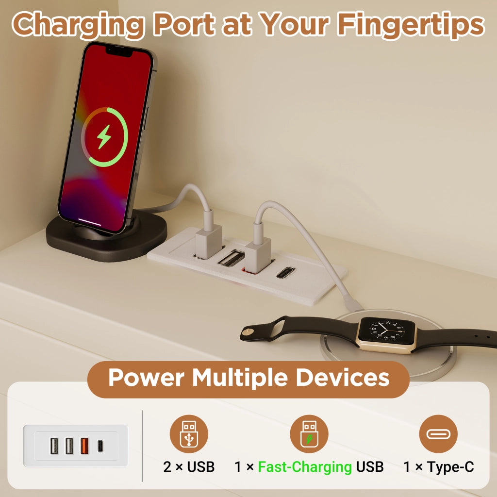 Letto singolo 90×200 cm con cassetti; ripiani; LED; USB e Type-C; materasso incluso; legno; bianco