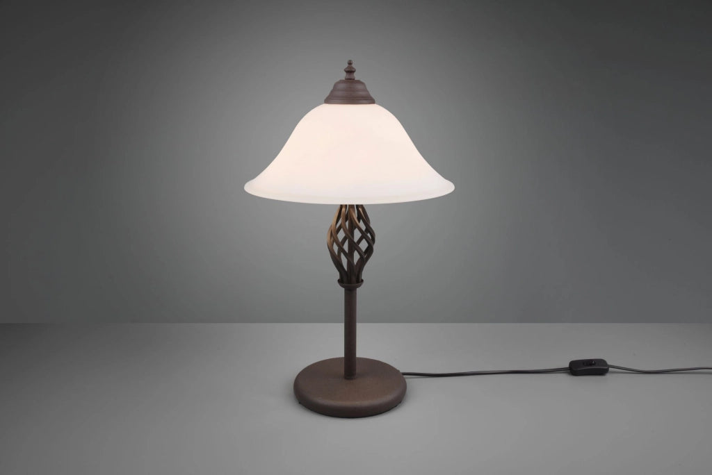 RUSTICA LAMPADA DA TAVOLO METALLO RUGGINE CON DIFFUSORE VETRO BIANCO H. 50CM 2 LUCI ATTACCO E14