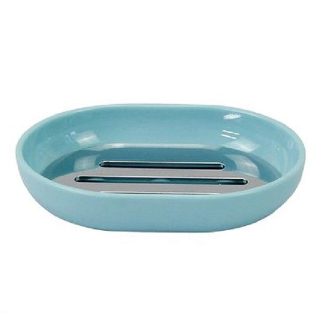 Trade Shop - Piattino Porta Sapone Saponetta Celeste Silver Accessori Bagno 12.5x9.5 Cm 79889 -