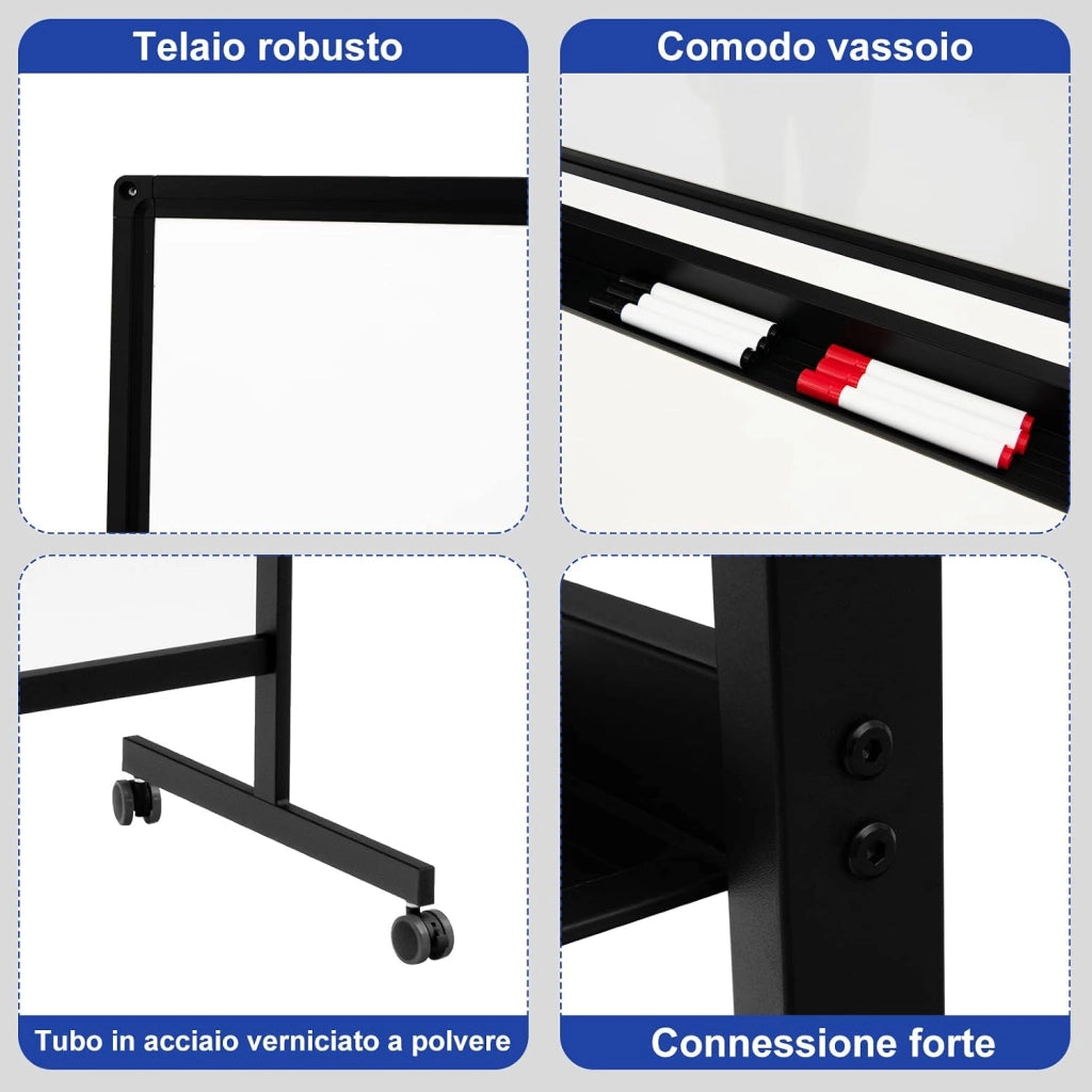 Lavagna Bianca Magnetica Doppia, Design Regolabile in Altezza con Ruote Bloccabili, 6 Pennarelli, 12 Calamite e 1 Cancellino, Ideale per Casa Ufficio e Scuola, 126 x 59 x 145/165 cm (Nero)