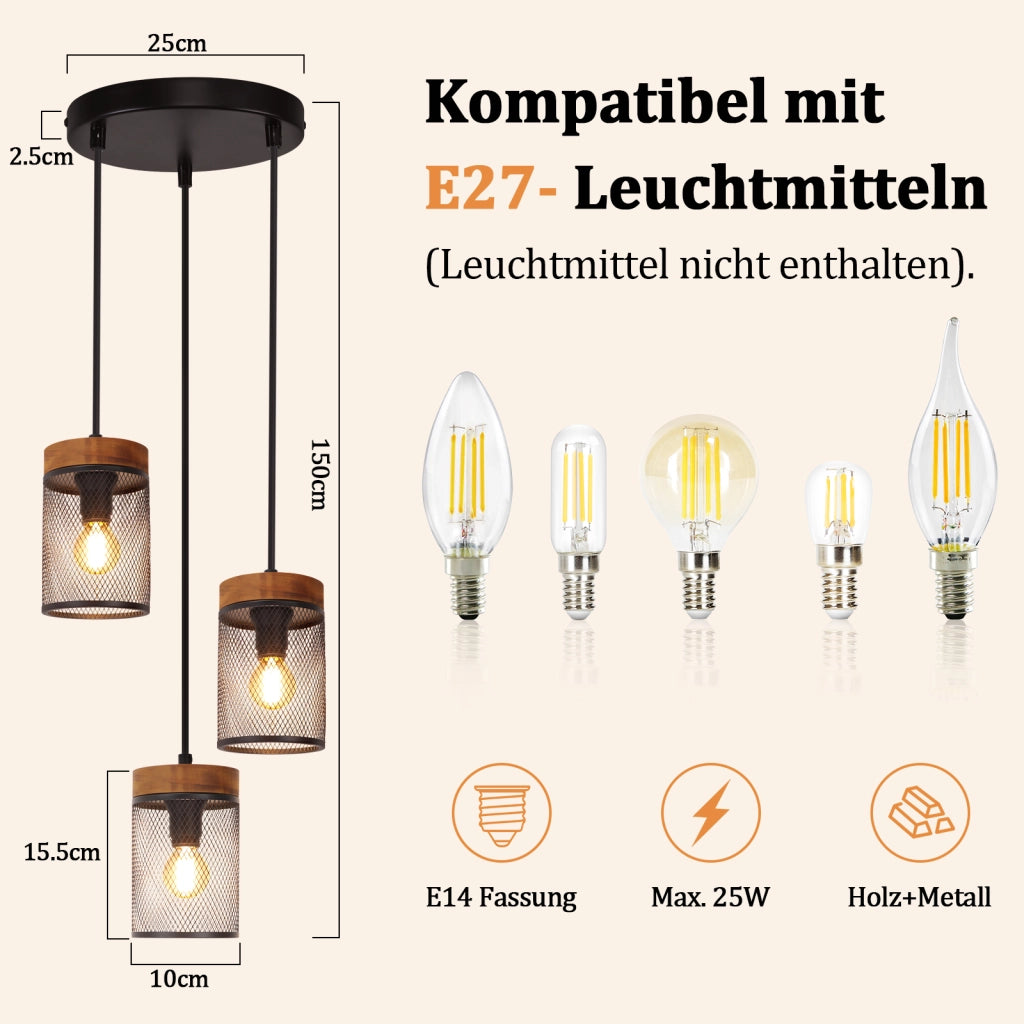 ZMH Lampada a Sospensione 3 Luci Nero Legno Vintage E14 Industriale per Soggiorno Sala da Pranzo Cafe Senza Lampadina