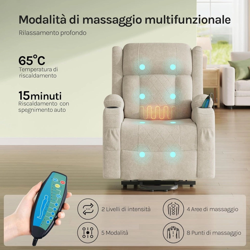 Poltrona Elettrica Reclinabile, Sedia Massaggiante con Alzapersone, Riscaldamento, Poggiapiedi, Tasche Laterali, Porta USB, Portabicchieri, per Soggiorno, Tessuto Spugna, Beige, SKS61be