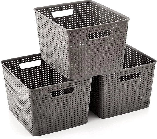 Set di Contenitori di Plastica Tessuti a Maglia Grigio per Cucina e Salotto - Set da 3 pezzi