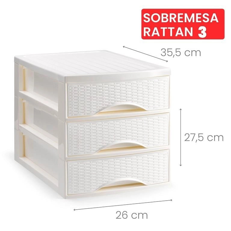 Cassettiera Organizer Effetto Rattan 3 Cassetti Bianca 26 x 35 x 27 cm