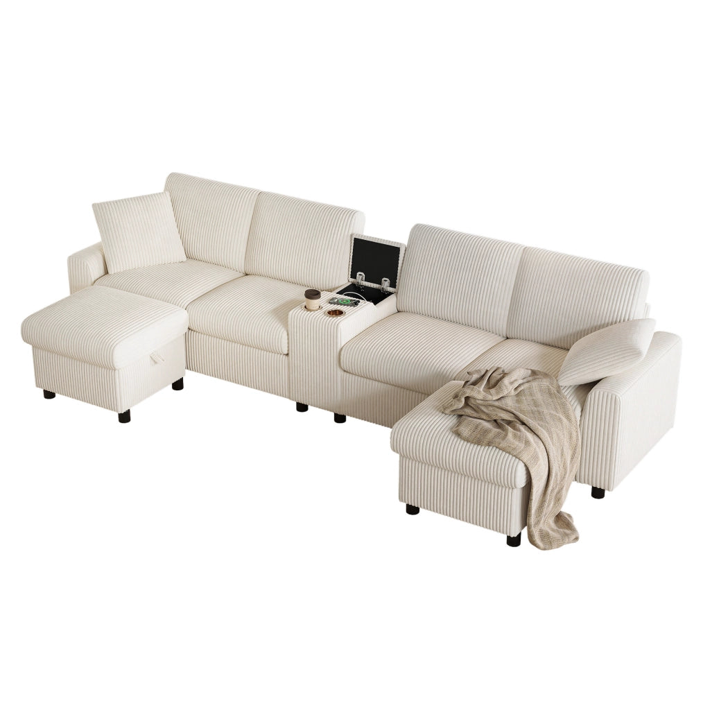 Divano a U in velluto a coste beige con contenitori, tavolino e prese integrate