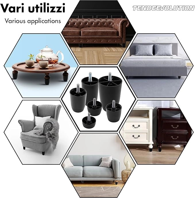 Piedini in Plastica PVC per Mobili | Altezza 10cm | Vite M10 | Design Minimal ed Elegante